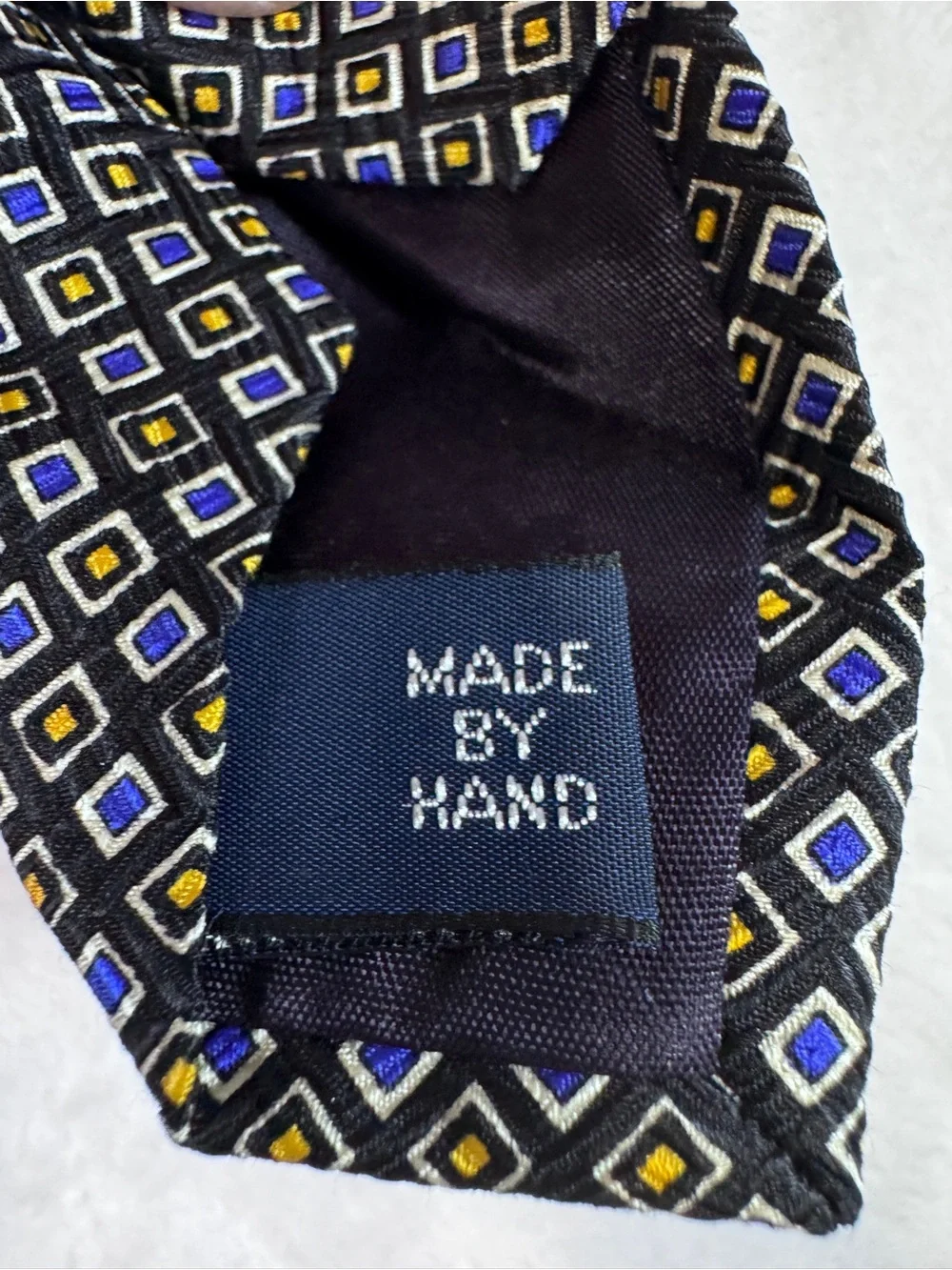 Polo Ralph Lauren Handmade Silk Necktie Blue Geometric Square Pattern Tie